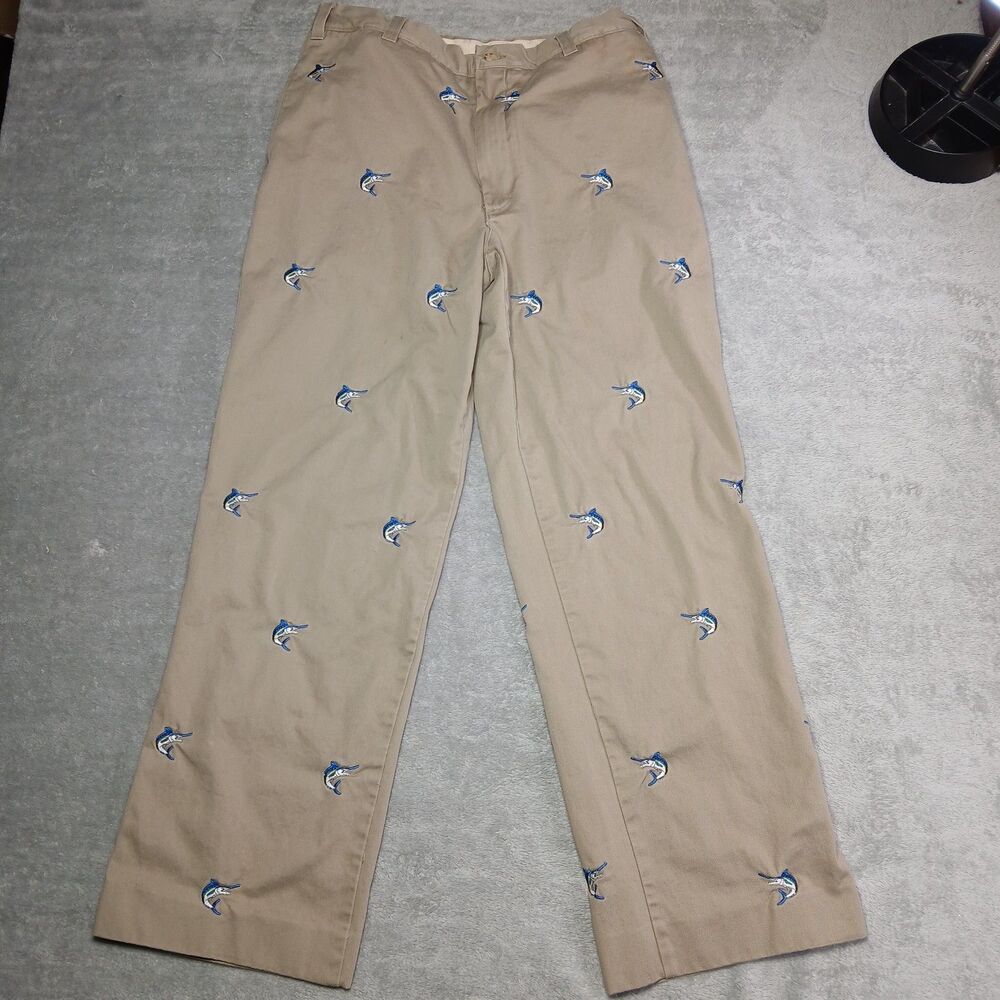 36 BERLE Mens 36x31 Khaki Critter Pants Marlin Fish Embroidery Vintage Ivy Prep